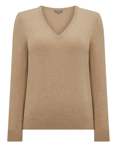 N.Peal Women's Phoebe V Neck Cashmere Jumper Cappuccino Brown