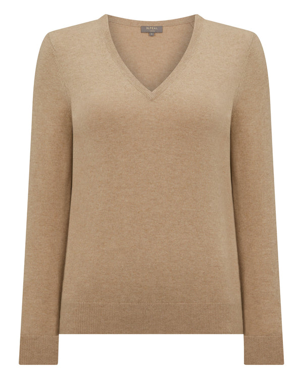 N.Peal Women's Phoebe V Neck Cashmere Jumper Cappuccino Brown