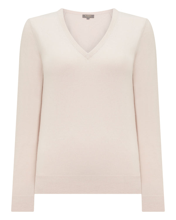 N.Peal Women's Phoebe V Neck Cashmere Jumper Dove Pink