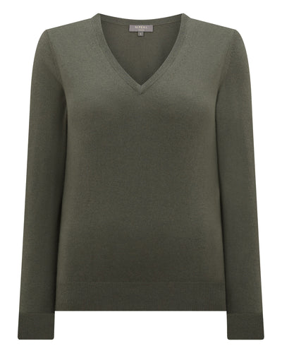 N.Peal Women's Phoebe V Neck Cashmere Jumper Olive Green