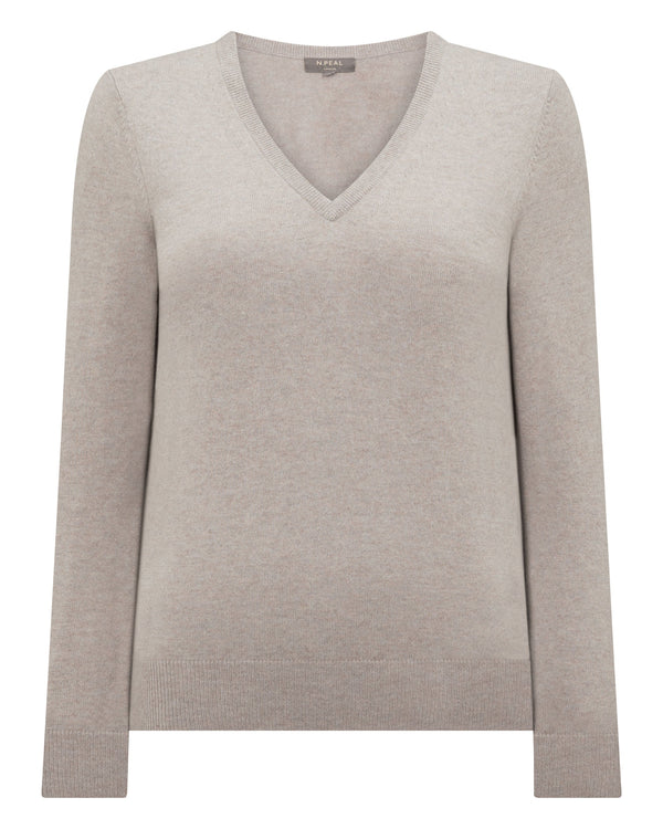 N.Peal Women's Phoebe V Neck Cashmere Jumper Oat Grey