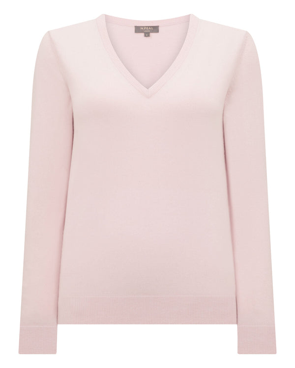 N.Peal Women's Phoebe V Neck Cashmere Jumper Powder Pink