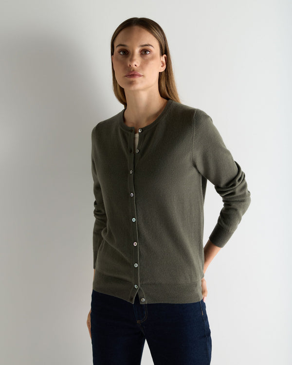 N.Peal Women's Olivia Round Neck Cashmere Cardigan Olive Green