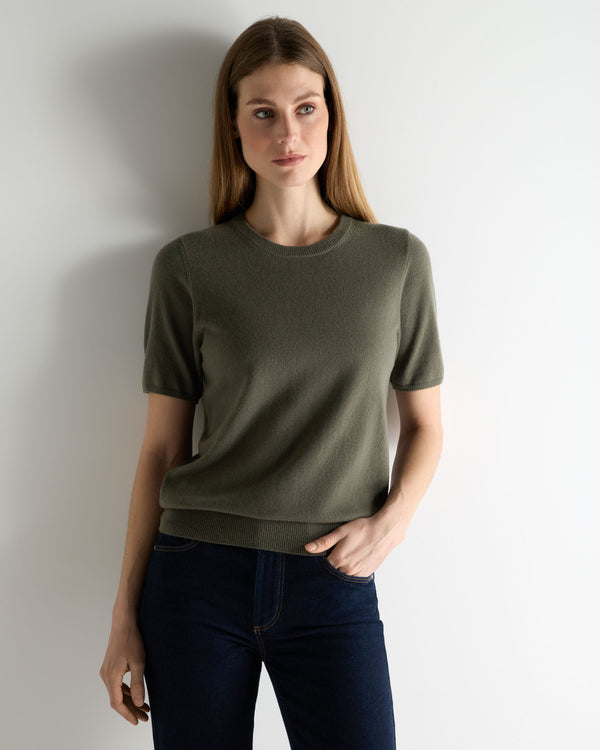 N.Peal Women's Milly Classic Cashmere T-Shirt Olive Green