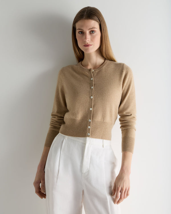 N.Peal Women's Ivy Cropped Cashmere Cardigan Cappuccino Brown
