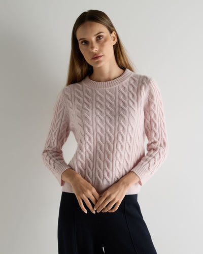 N.Peal Women's Emilia Cable Round Neck Cashmere Jumper Powder Pink