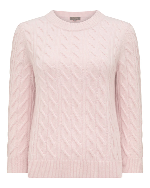 N.Peal Women's Emilia Cable Round Neck Cashmere Jumper Powder Pink