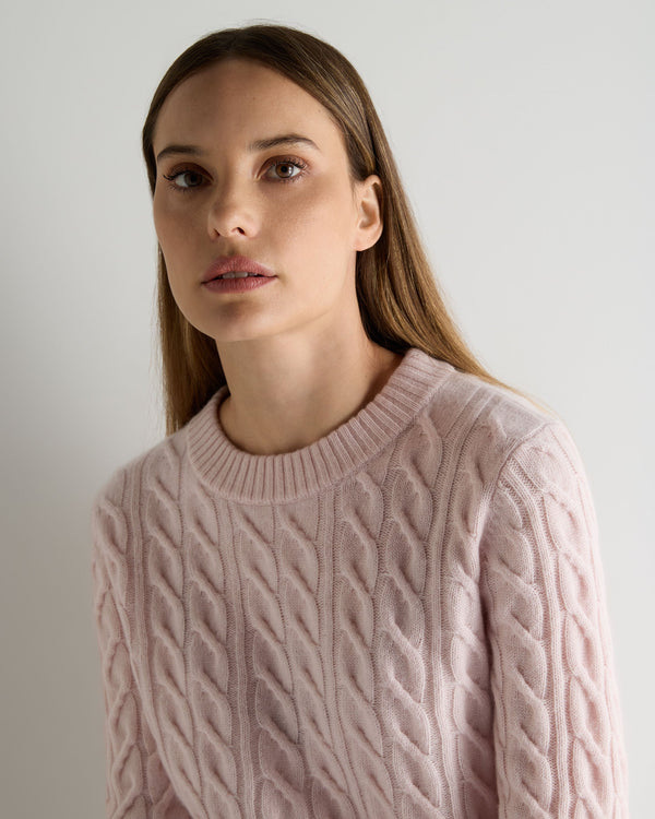 N.Peal Women's Emilia Cable Round Neck Cashmere Jumper Powder Pink