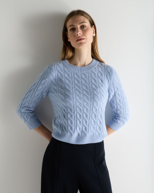 N.Peal Women's Emilia Cable Round Neck Cashmere Jumper Sea Mist Blue