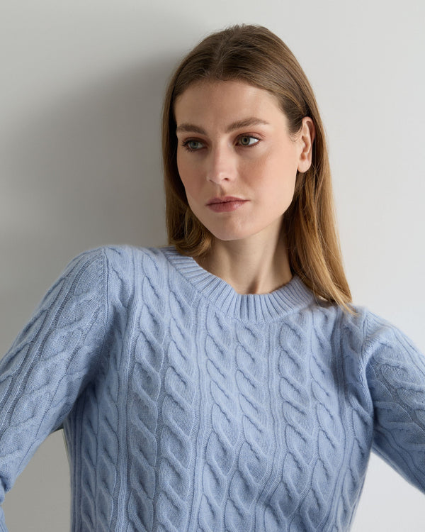 N.Peal Women's Emilia Cable Round Neck Cashmere Jumper Sea Mist Blue