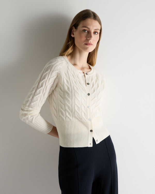 N.Peal Women's Myla Cable Cashmere Cardigan New Ivory White