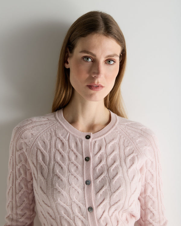 N.Peal Women's Myla Cable Cashmere Cardigan Powder Pink