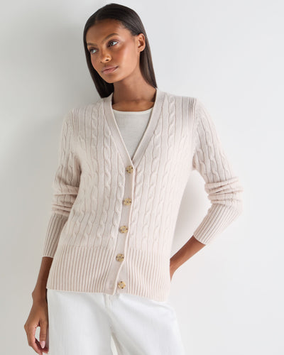 N.Peal Women's Clara Cable V Neck Cashmere Cardigan Dove Pink