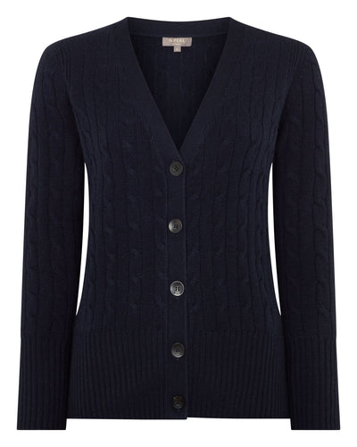 N.Peal Women's Clara Cable V Neck Cashmere Cardigan Navy Blue