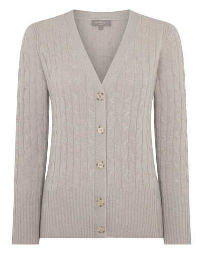N.Peal Women's Clara Cable V Neck Cashmere Cardigan Oat Grey