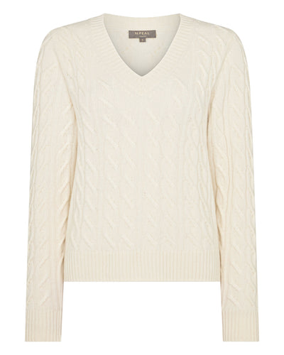 N.Peal Women's Frankie Cable V Neck Cashmere Jumper New Ivory White