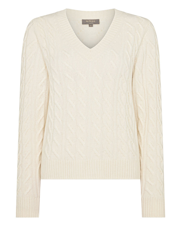N.Peal Women's Frankie Cable V Neck Cashmere Jumper New Ivory White