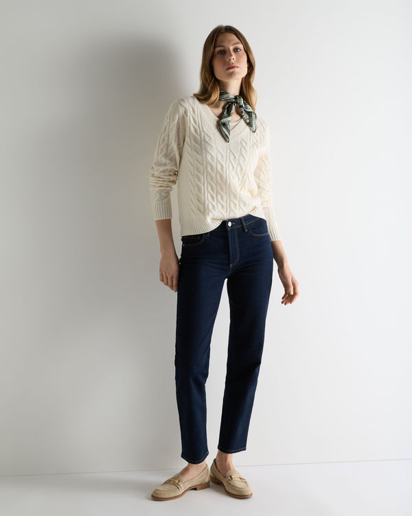 N.Peal Women's Frankie Cable V Neck Cashmere Jumper New Ivory White