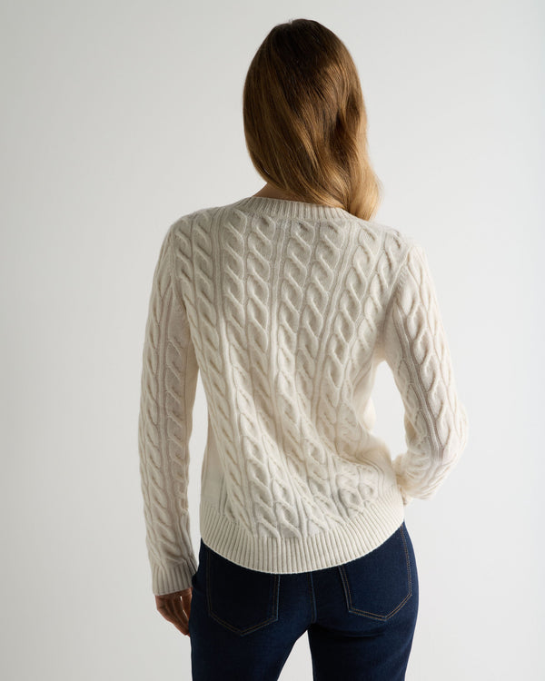 N.Peal Women's Frankie Cable V Neck Cashmere Jumper New Ivory White