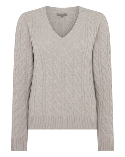 N.Peal Women's Frankie Cable V Neck Cashmere Jumper Oat Grey