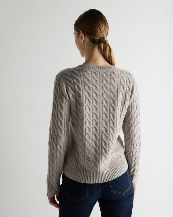 N.Peal Women's Frankie Cable V Neck Cashmere Jumper Oat Grey