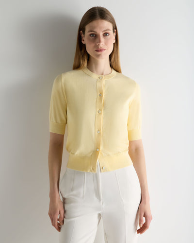 N.Peal Women's Cotton Cashmere Short Sleeve Cardigan Lemon Yellow