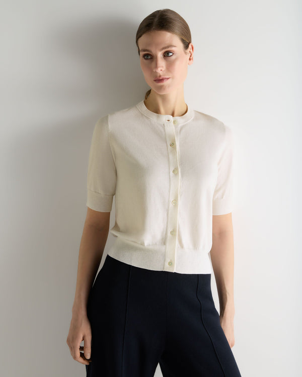 N.Peal Women's Cotton Cashmere Short Sleeve Cardigan New Ivory White