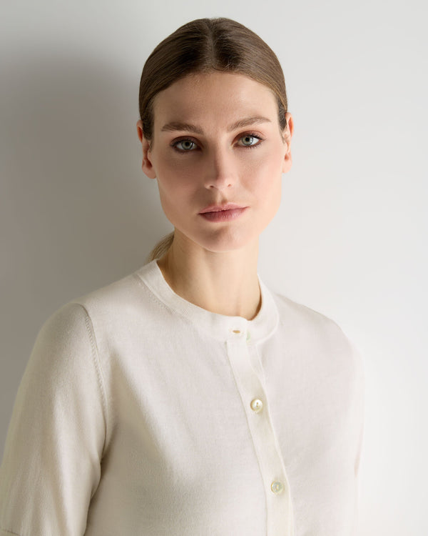 N.Peal Women's Cotton Cashmere Short Sleeve Cardigan New Ivory White