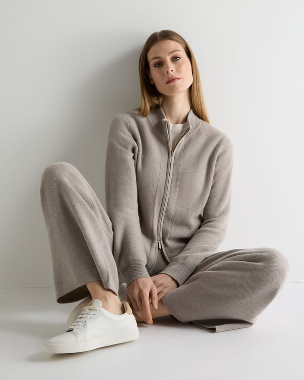 N.Peal Women's Honeycomb Full Zip Cashmere Jumper Oat Grey