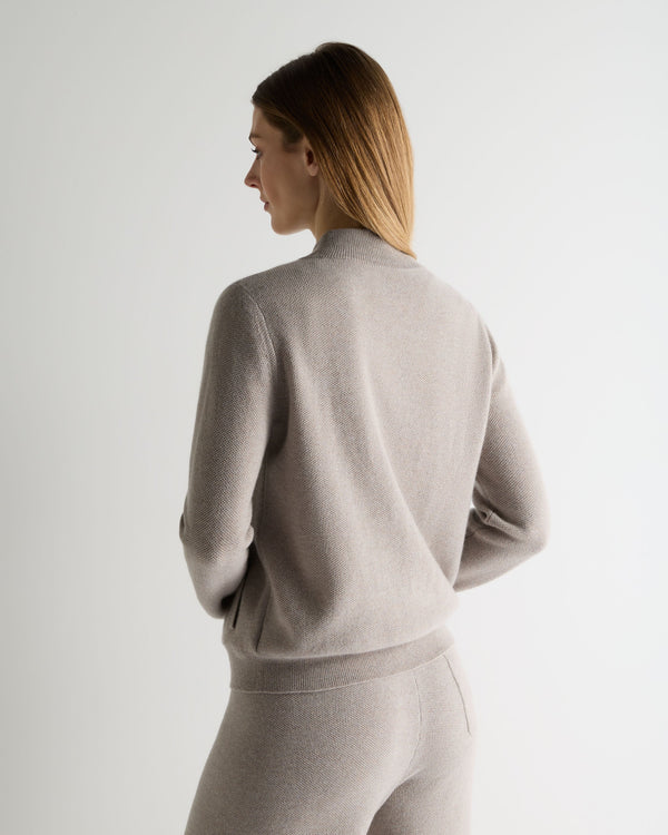 N.Peal Women's Honeycomb Full Zip Cashmere Jumper Oat Grey