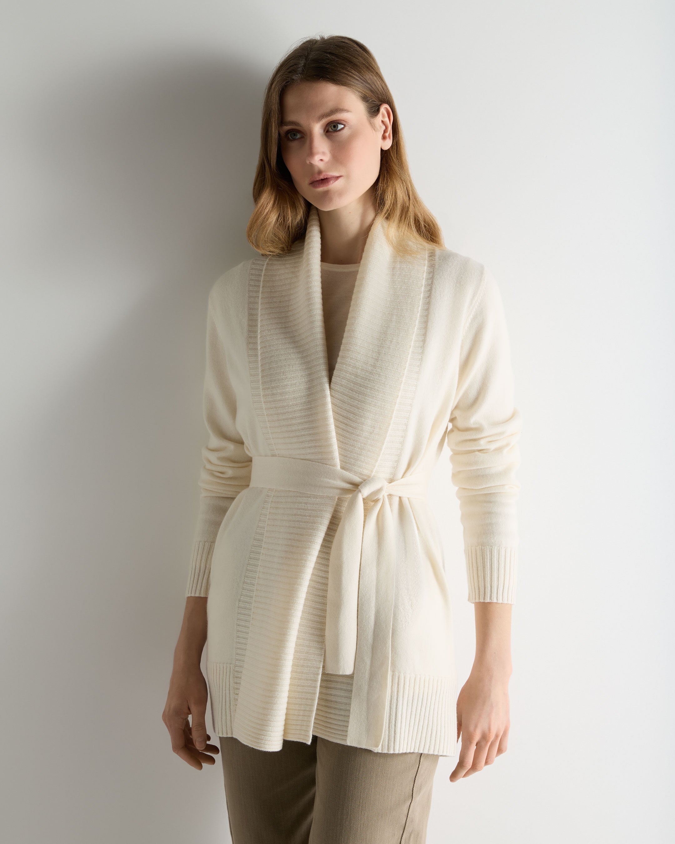 Engineered Rib Placket Women's Rib Placket Cashmere Cardigan New Ivory White | N.Peal