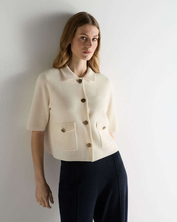 N.Peal Women's Ashby Short Sleeve Cashmere Jacket New Ivory White