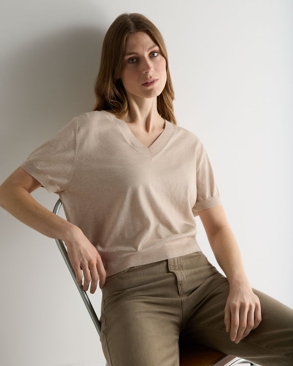 N.Peal Women's Cotton Blend V Neck Top Sandstone Brown