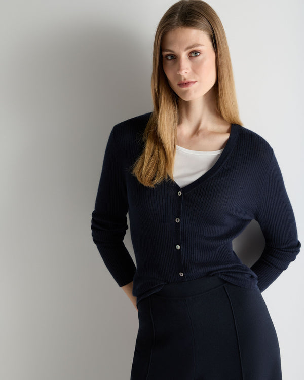 N.Peal Women's Superfine Cashmere Ribbed V Cardigan Navy Blue