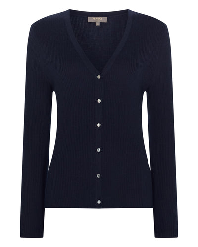 N.Peal Women's Superfine Cashmere Ribbed V Cardigan Navy Blue
