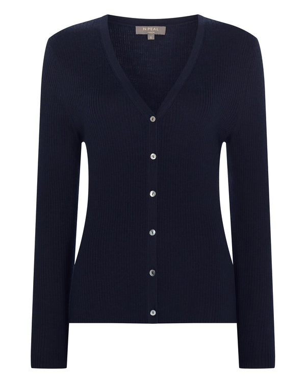N.Peal Women's Superfine Cashmere Ribbed V Cardigan Navy Blue