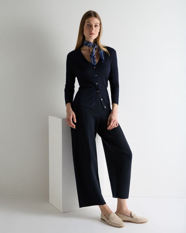 N.Peal Women's Superfine Cashmere Ribbed V Cardigan Navy Blue