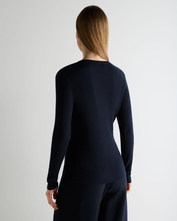 N.Peal Women's Superfine Cashmere Ribbed V Cardigan Navy Blue