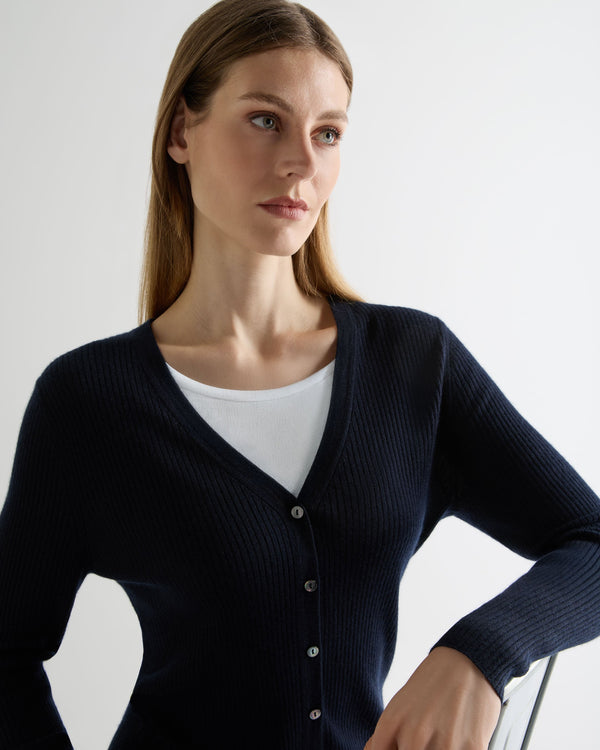 N.Peal Women's Superfine Cashmere Ribbed V Cardigan Navy Blue