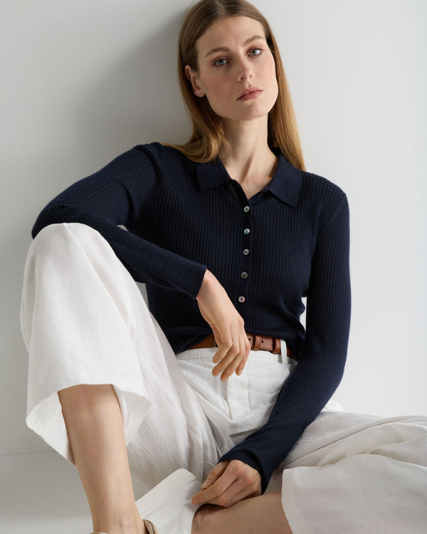 N.Peal Women's Superfine Cashmere Ribbed Polo Top Navy Blue