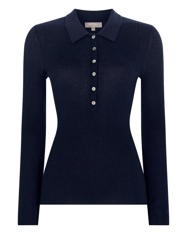 N.Peal Women's Superfine Cashmere Ribbed Polo Top Navy Blue