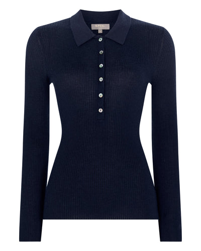 N.Peal Women's Superfine Cashmere Ribbed Polo Top Navy Blue