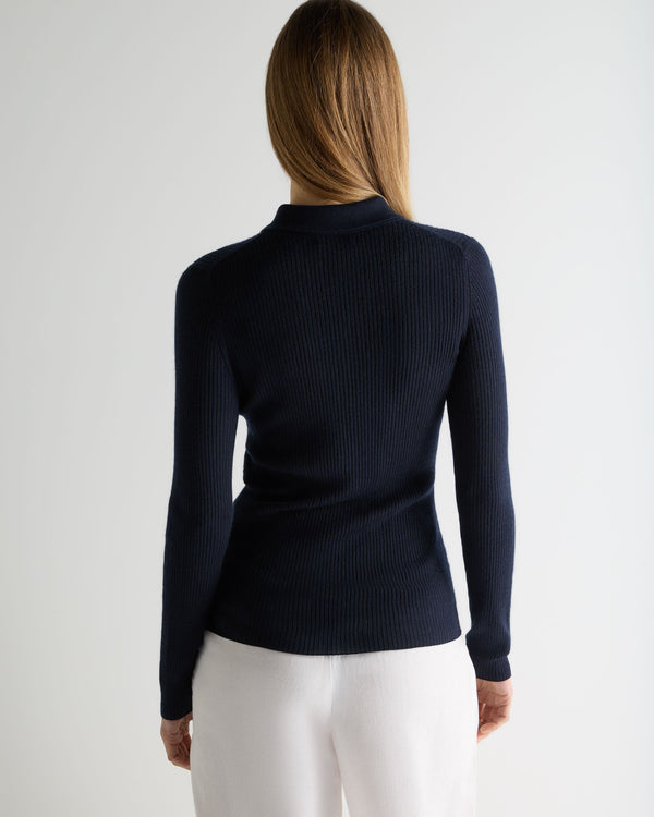 N.Peal Women's Superfine Cashmere Ribbed Polo Top Navy Blue