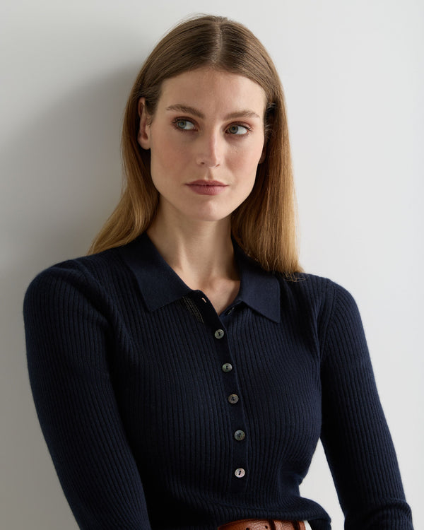 N.Peal Women's Superfine Cashmere Ribbed Polo Top Navy Blue
