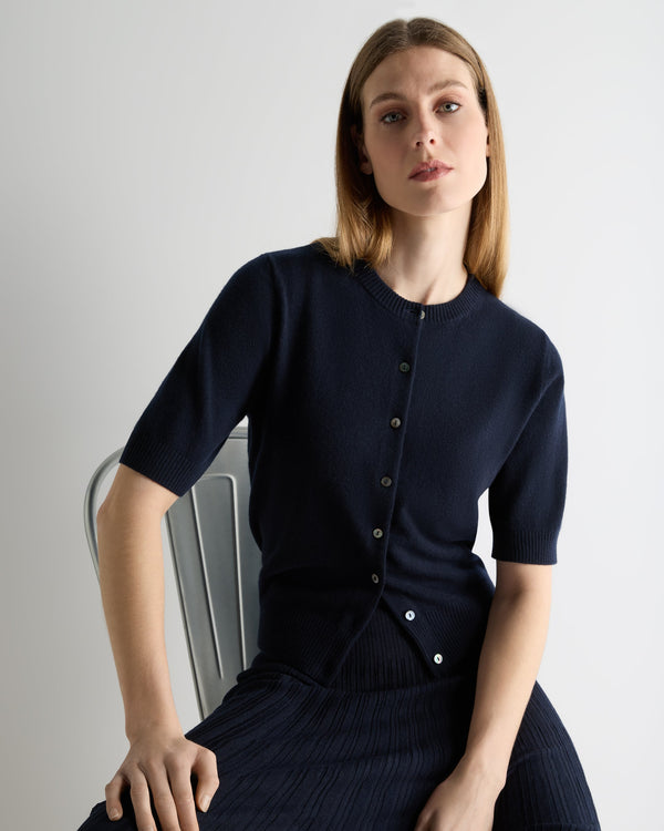 N.Peal Women's Short Sleeve Cashmere Cardigan Navy Blue