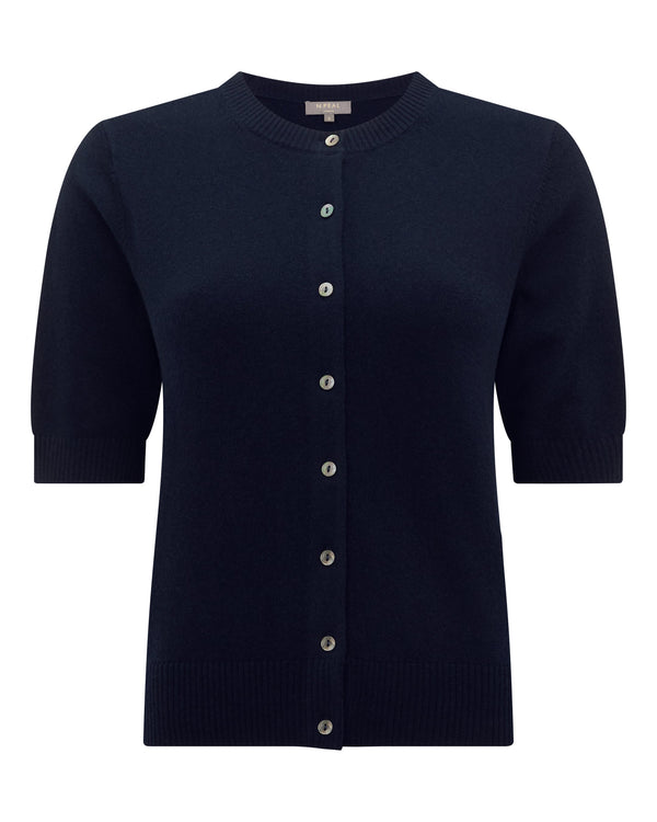 N.Peal Women's Short Sleeve Cashmere Cardigan Navy Blue