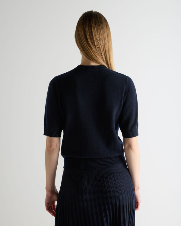 N.Peal Women's Short Sleeve Cashmere Cardigan Navy Blue