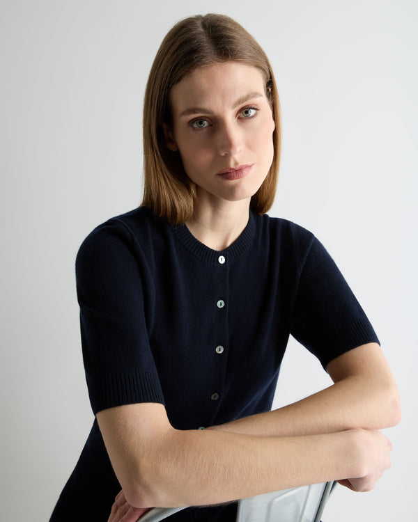 N.Peal Women's Short Sleeve Cashmere Cardigan Navy Blue