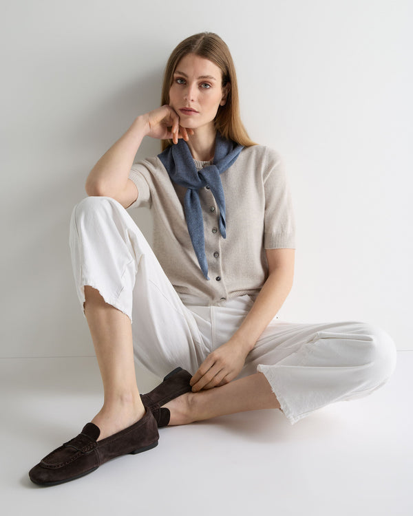 N.Peal Women's Short Sleeve Cashmere Cardigan Pebble Grey