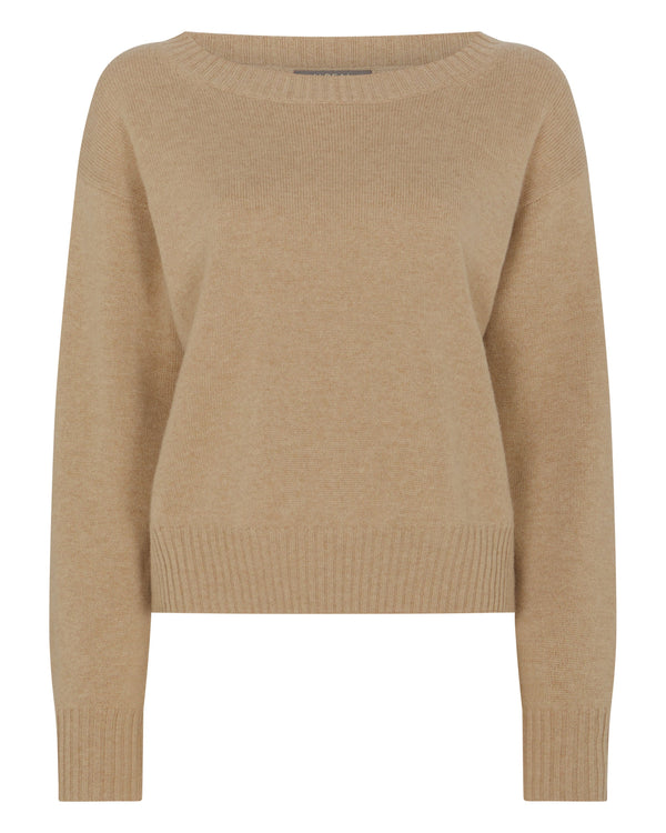 N.Peal Women's Crop Boat Neck Cashmere Jumper Cappuccino Brown